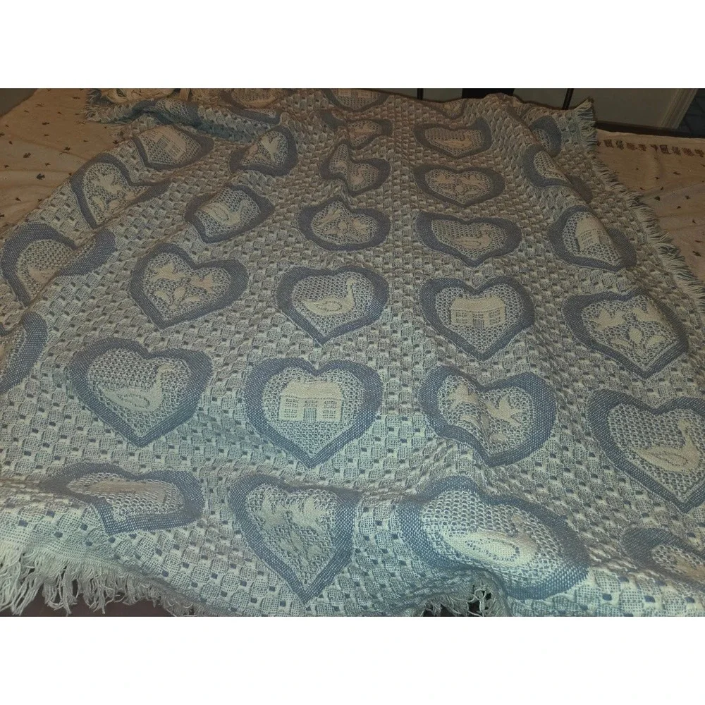 Vintage Blue White Woven Heart House Bird Fringe Throw Blanket 48x52 Cotton